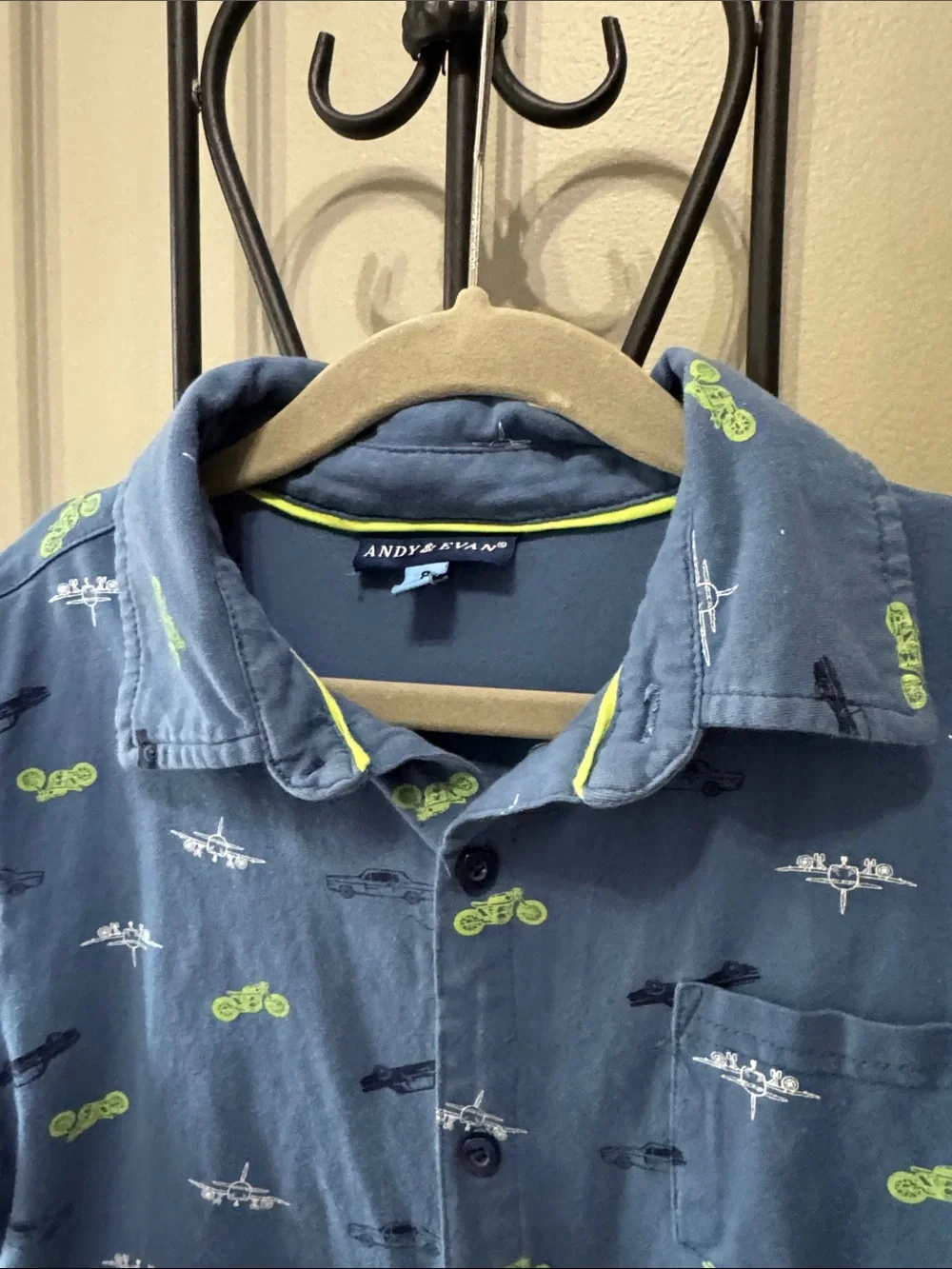 Andy & Evan Blue Short-Sleeve Button Shirt motorcycles, airplanes cars 8 cotton